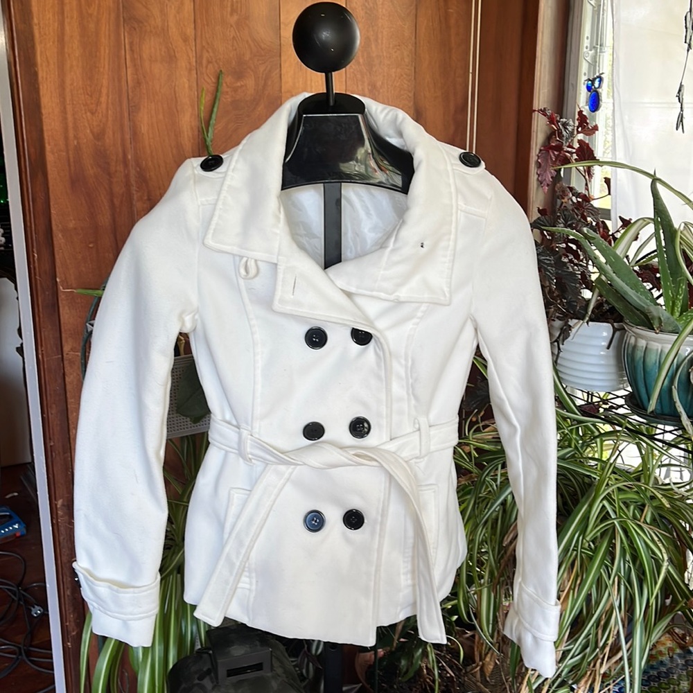White Winter Belted Pea-coat Jacket, black contrasting buttons